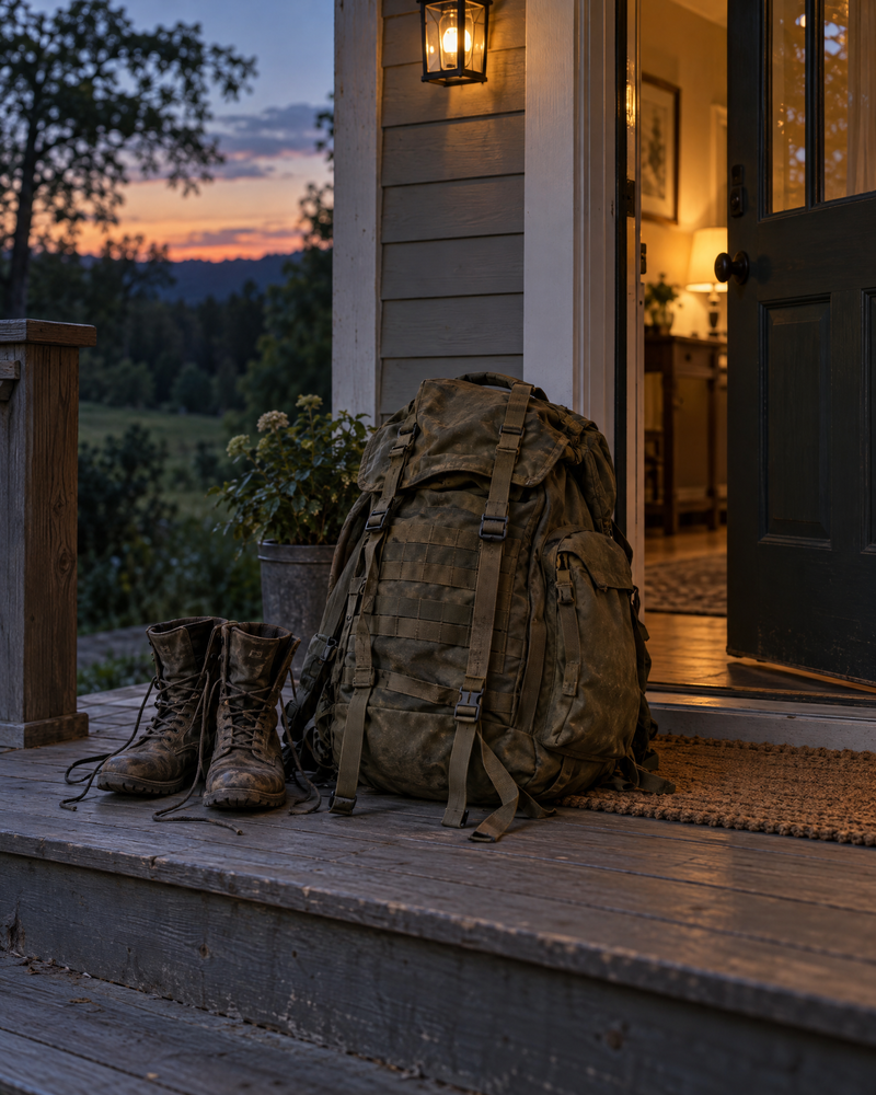 A military rucksack and unlaced boots set down on a porch step at dusk, the front door open with warm light inside