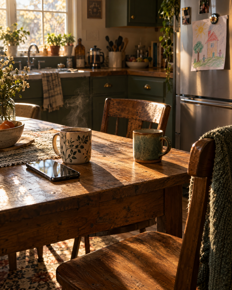 A family kitchen table in morning light with two coffee mugs, a phone, and a child's drawing on the fridge